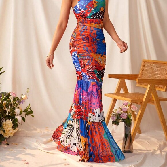 Multicolor Elegant Women's Sexy Sheer Mesh Printed One Shoulder Sleeveless Dress - Picture 5 of 7